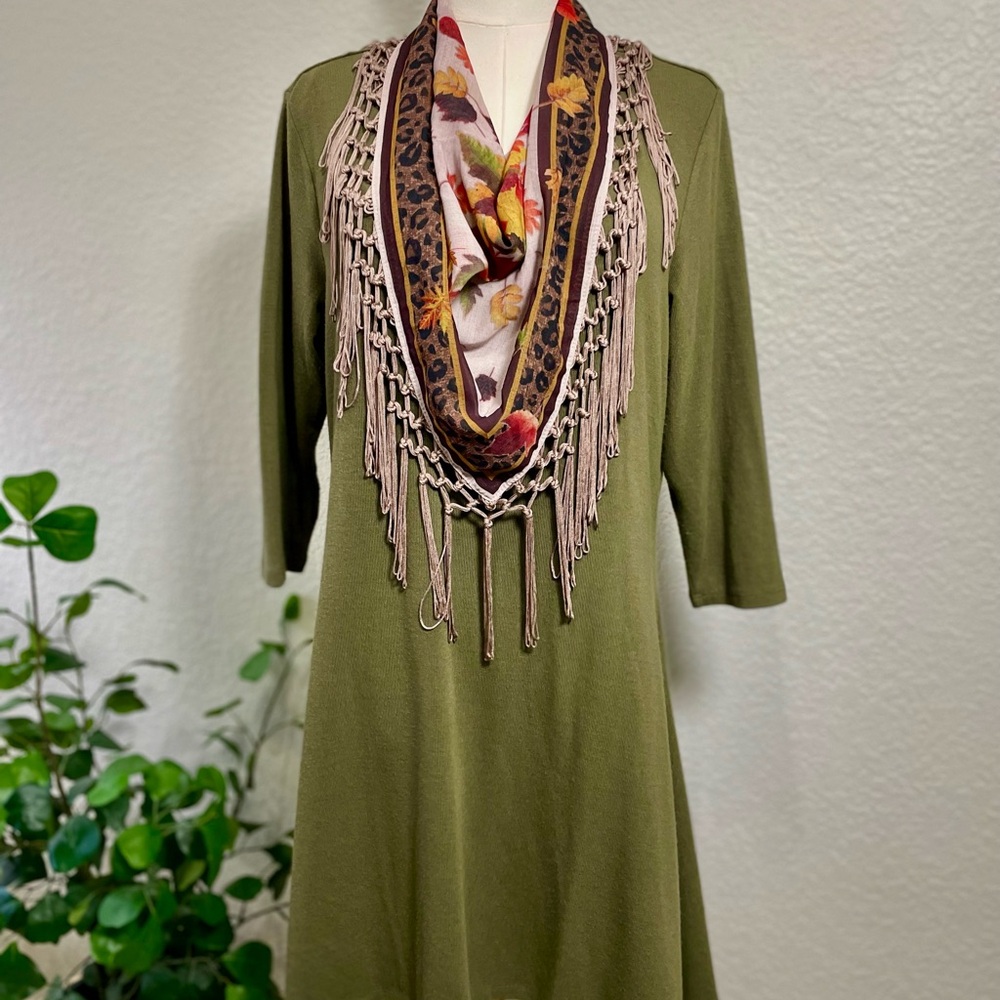Cactus + Pearl Olive Green Dress w/ Attached Scarf | Fall Boho Style